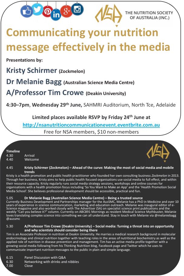 <a href="/nsaadelaide/">NSA Adelaide</a> great program w/ <a href="/Zockmelon/">Kristy Schirmer</a> <a href="/MelanieBagg/">Dr Melanie Bagg</a> <a href="/CroweTim/">Dr Tim Crowe</a> #phdchat #ecrchat #scicomm bit.ly/1ZCWxVm