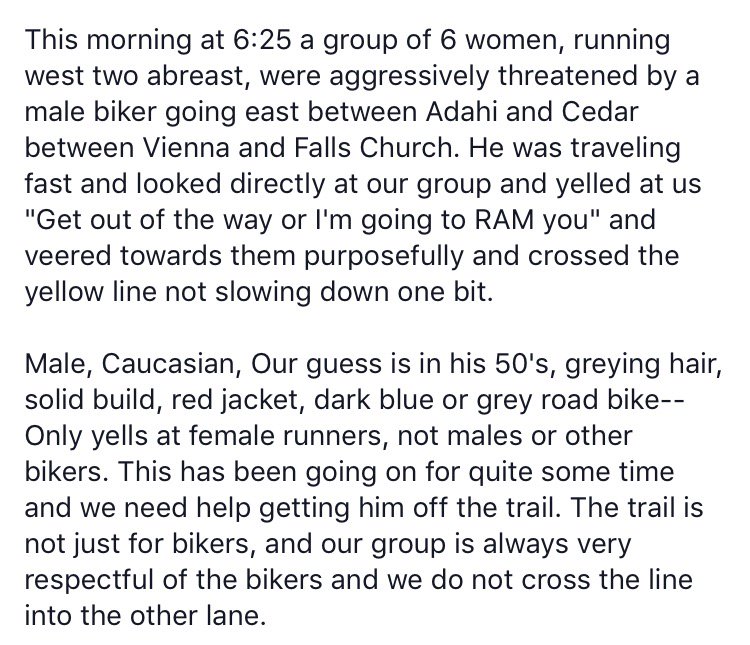 Hey #BikeDC people! My running group is being harassed by a biker on W&amp;OD. Please RT <a href="/BikeFairfax/">Fairfax Alliance for Better Bicycling</a> @fairfaxpolice