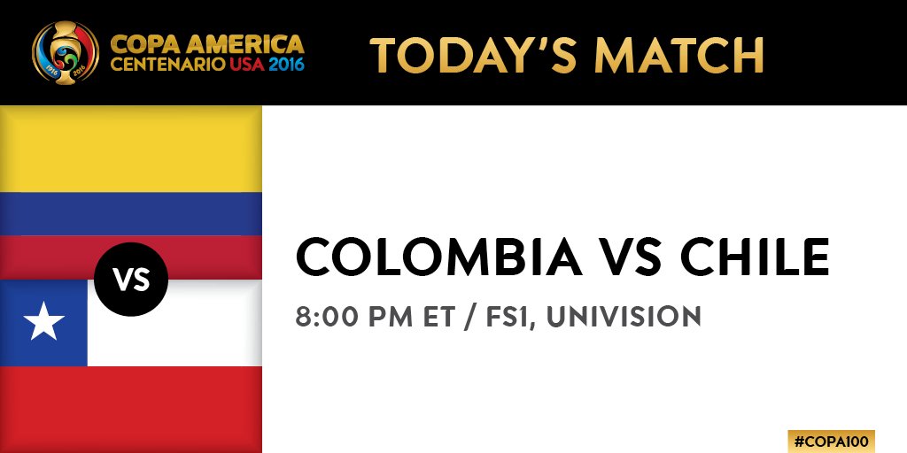 CopaAmerica's tweet photo. #WaysToWatch tonight's #COLvCHI Semifinal match: tune into FS1 or Univision at 8pm ET! #Copa100 https://t.co/YNfxtFjHEU
