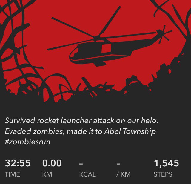ccmsyork's tweet photo. Survived rocket launcher attack on our helo. Evaded zombies, made it to Abel Township #zombiesrun https://t.co/AtjmTMNFn3