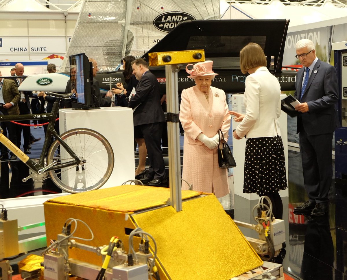 RoyalFamily's tweet photo. The Queen @IFB2016 showcasing @hannahwhiteuk #ProjectSpeedbird and ExoMars Rover @esa, built to explore Mars https://t.co/fkW9ha3KXg