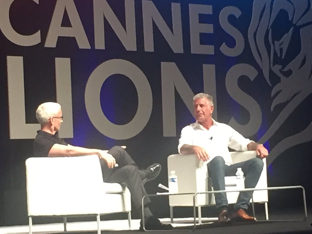 cvn1234's tweet photo. 'Never give a shit' 'Never compromise' @andersoncooper #anthonybordain #Cannes2016 https://t.co/bAshC3dRFO