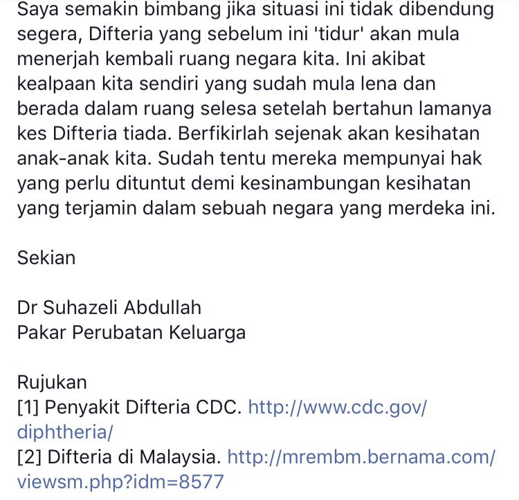 khairul_hafidz's tweet image. Pernyataan Dr @suhazeli , mengenai isu Diphtheria yang telah meragut nyawa sekarang ini #ProVaksin #MedTweetMY
