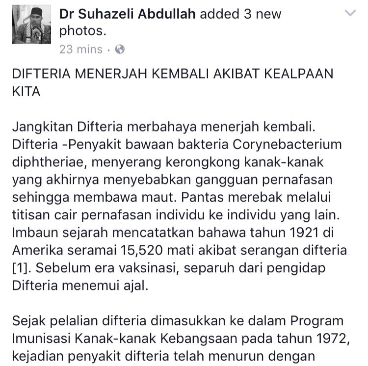 khairul_hafidz's tweet image. Pernyataan Dr @suhazeli , mengenai isu Diphtheria yang telah meragut nyawa sekarang ini #ProVaksin #MedTweetMY