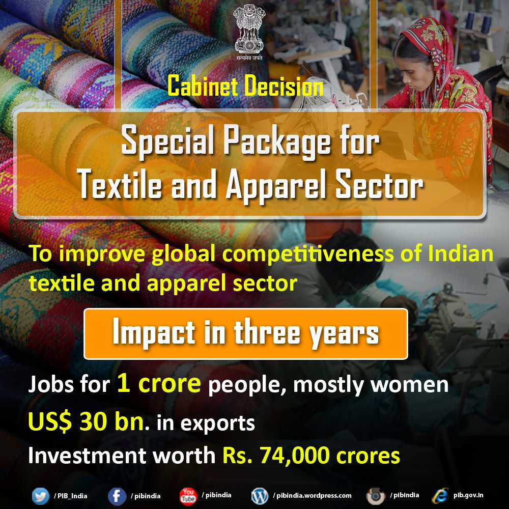 PIB_India's tweet photo. Cabinet approves specl package for job creation & export promotn in #Textile & Apparel Sectr:https://t.co/AkS2kt1Nc8 https://t.co/QufPLE54Ys