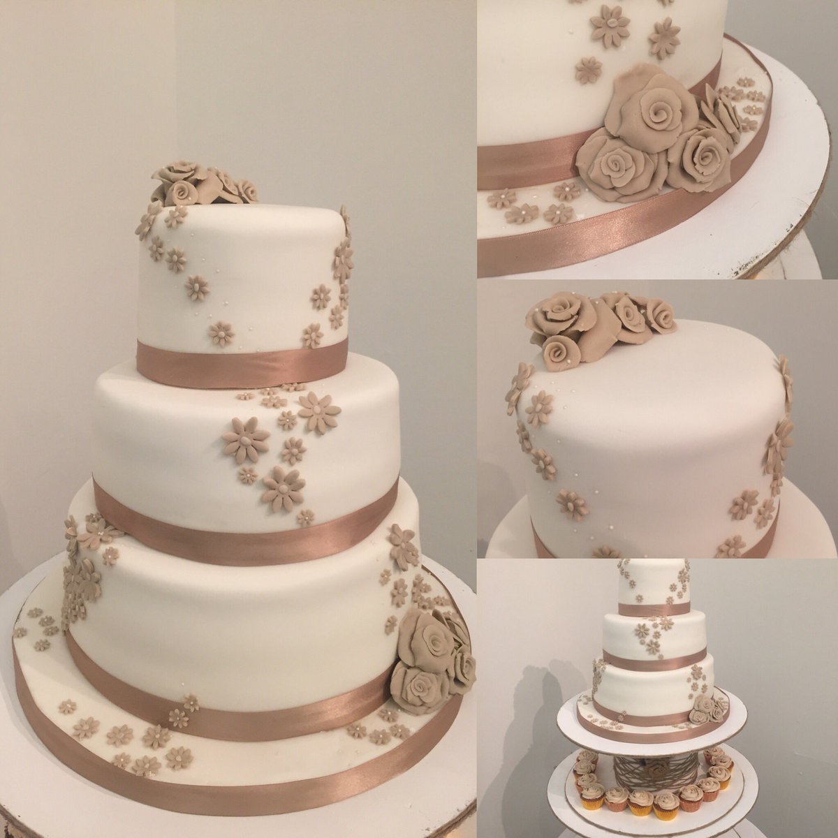 TLRKitchen's tweet image. Taupe and white wedding cake #fondant #cake #wedding 👰🏻🎉🍰