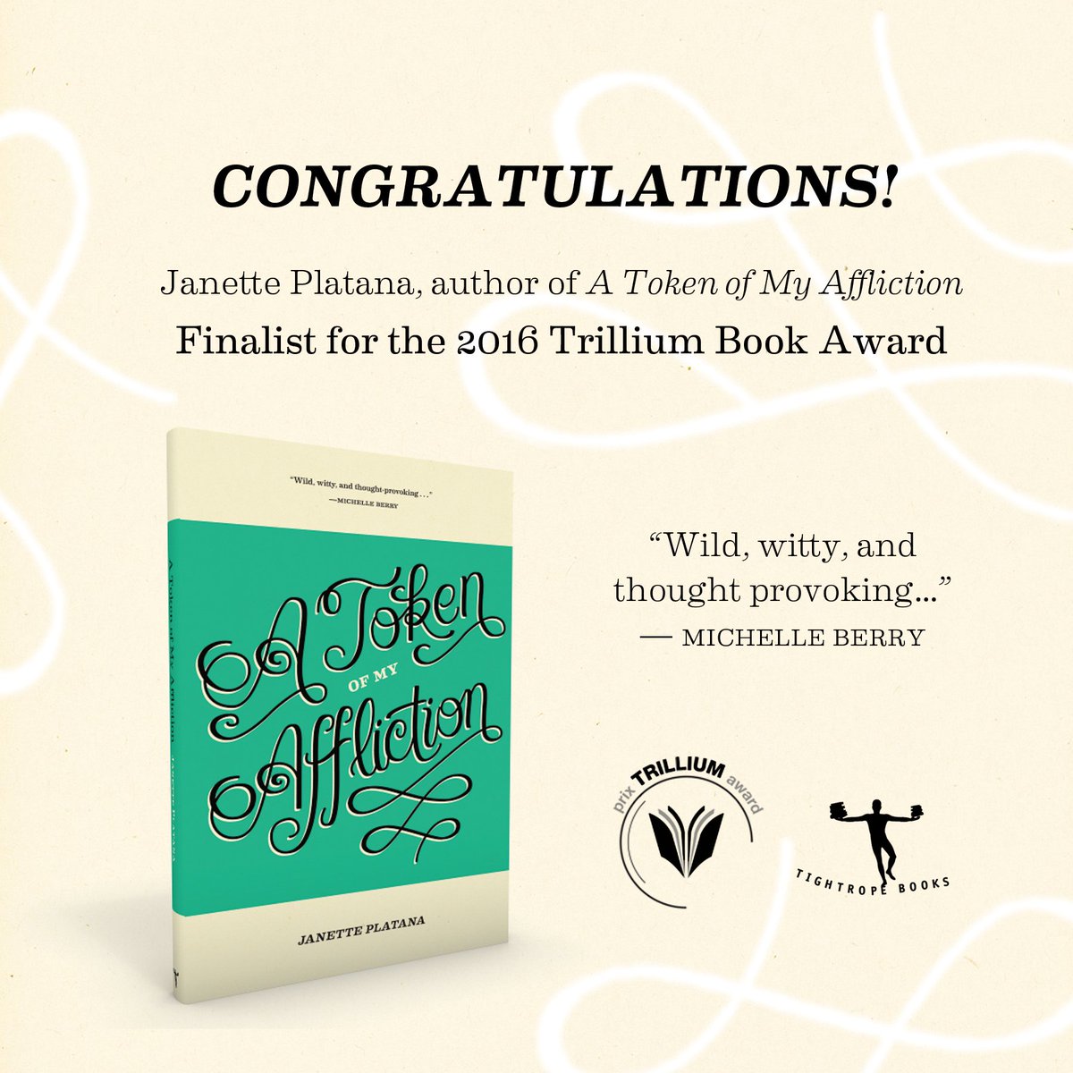 TightropeBooks's tweet photo. Good luck to @JanettePlatana &amp; all the other finalists at tonight's #TrilliumBookAwards presentation! #ONCreates https://t.co/3s4x5C23bA
