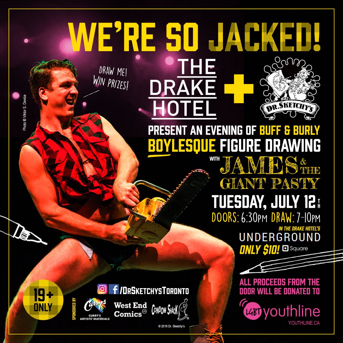 TheBigDraw_'s tweet photo. Boy meets burl! Dr. Sketchy's is back on July 12th with James &amp; the Giant Pasty! All proceeds go to @LGBTYouthLine! https://t.co/lUhwj90rxY
