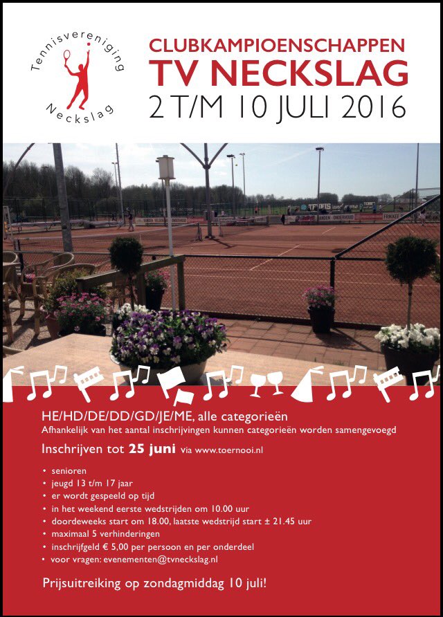 Leden,Nog niet ingeschreven? Sluiting inschrijving zat 25/6. Doe het nu!Veel mooie prijzen en super hoofdprijs!🎾