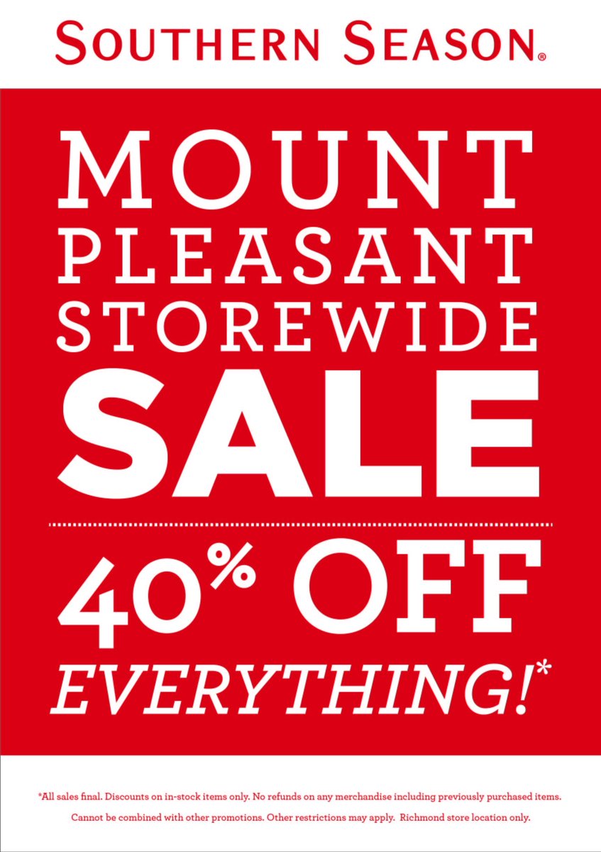 Southerly is closed. Visit store-closing sale at the Mount Pleasant location, with most items 40% off storewide.