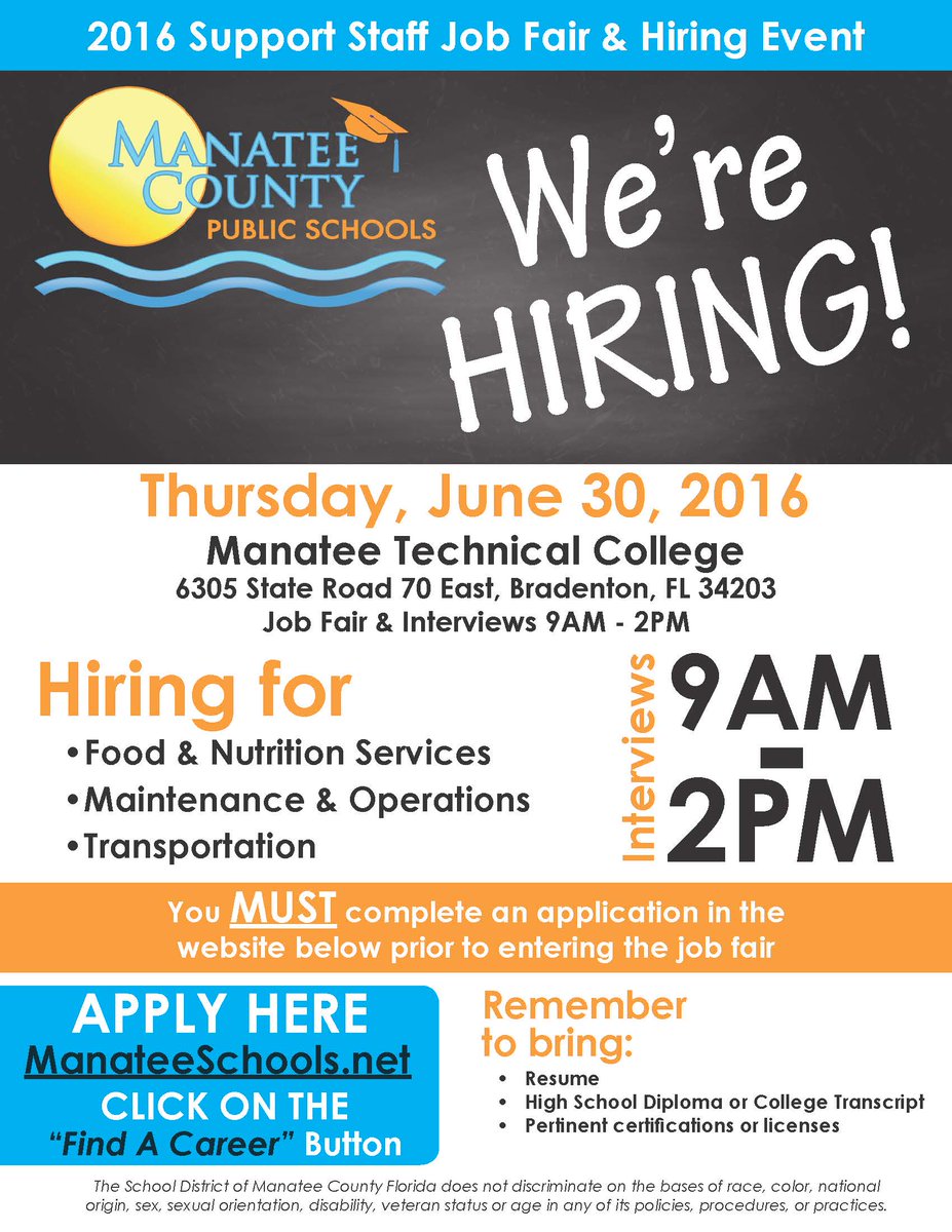 MereBeaman's tweet photo. REMEMBER to join us on June 30th at Manatee Technical College for our 2016 Support Job Fair &amp; Hiring Event!!! https://t.co/WUqbKU3sry