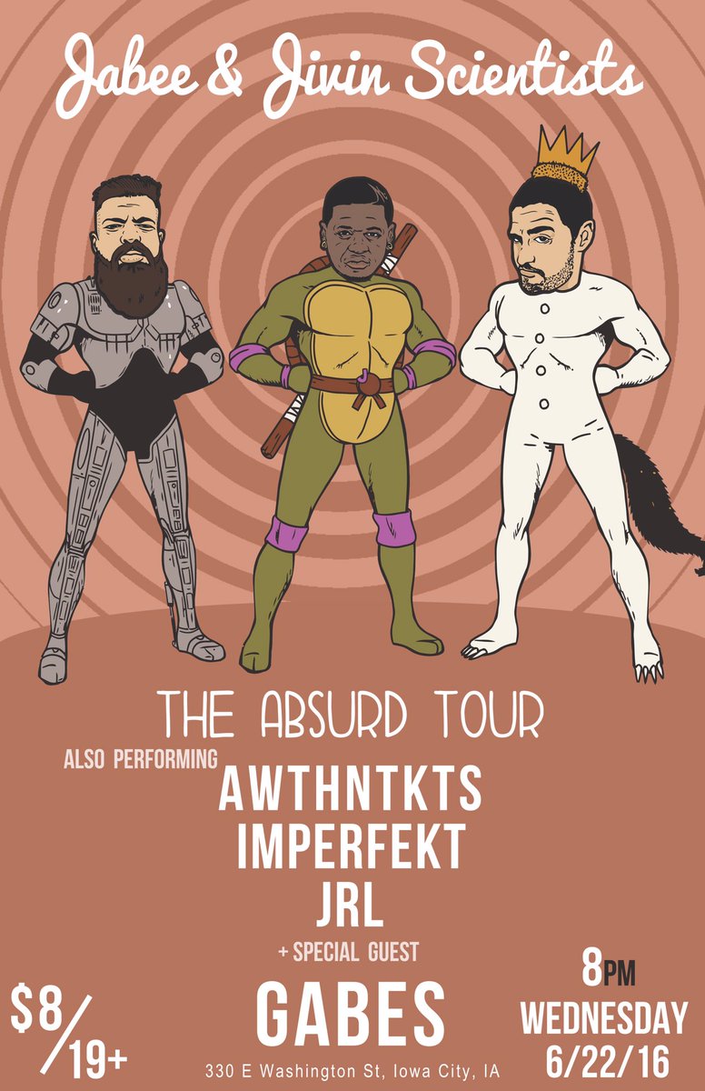 mynameisJabee's tweet photo. #absurdtour is live tonight in Iowa City, IA! See you at Gabe's!  @AWTHNTKTS @MC_imperfekt and JRL! https://t.co/rg4zDX3z6d