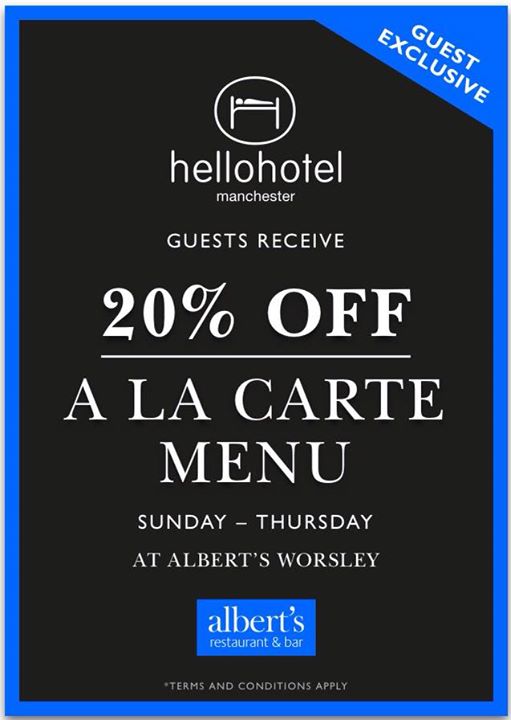 HelloHotelMan's tweet photo. Are you visiting #hellohotel shortly? Did you know that you can get 20% off your bill next door at @alberts_worsley https://t.co/AoFEgMK6X3