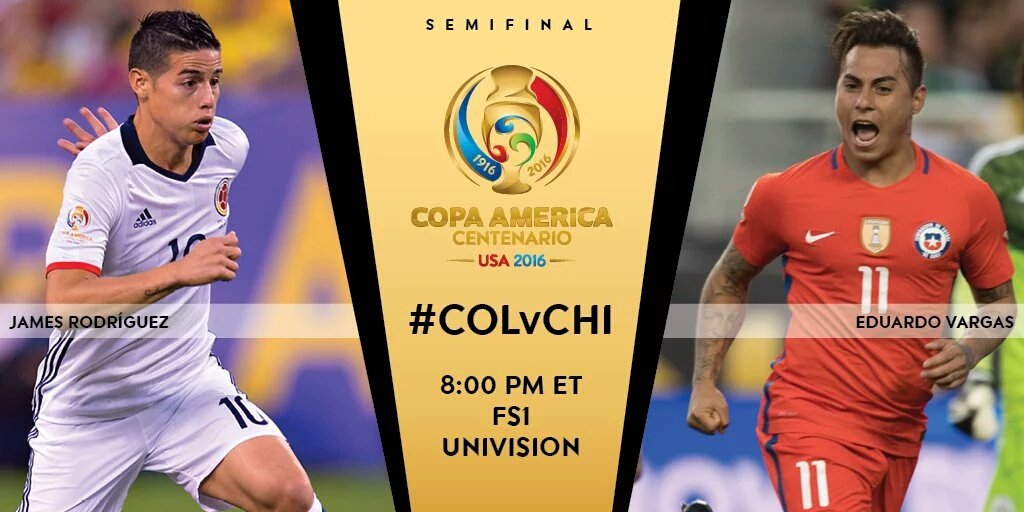 CopaAmerica16c's tweet photo. Hoy Colombia vs Chile desde las 6:30 PM Semifinal #copa100 https://t.co/MSE9PH9VSe