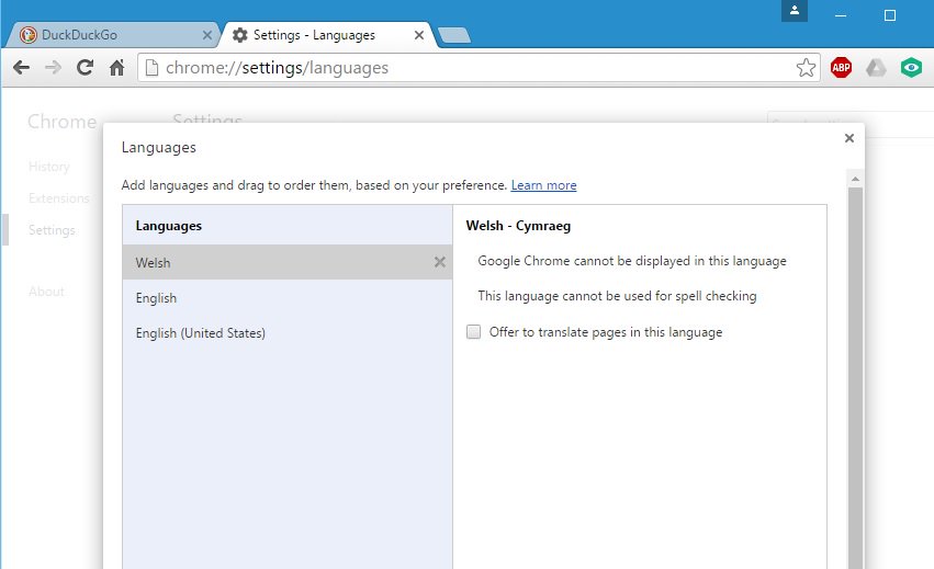 Google Chrome cael mwy allan o wefannau Cymraeg Settings>Advanced Settings> Language Gosod Welsh ar y brig #yagym