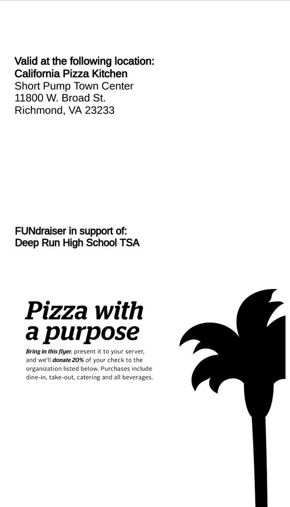 DRHSTSA's tweet photo. Grab lunch or dinner TODAY at California Pizza Kitchen to support Deep Run TSA! @HenricoSchools @WildcatsDR https://t.co/izJwzAX7Qw