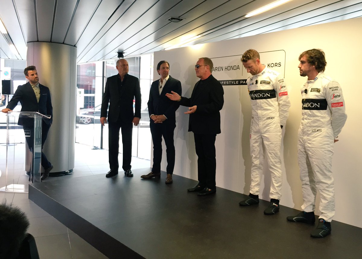 McLarenF1's tweet photo. Ron, Jenson &amp; Fernando join @MichaelKors CEO John Idol &amp; Michael Kors himself on stage to mark our new partnership. https://t.co/yC4IPLoQSP