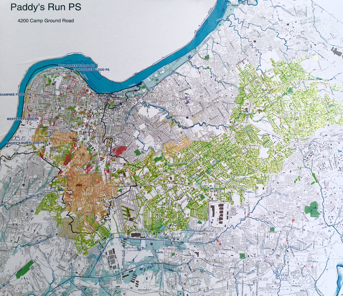 louisvillemsd's tweet photo. The #PaddysRun gate protects the households in color on this map during floods. It's about 62.5% of Jefferson County https://t.co/0cQZeia5IP