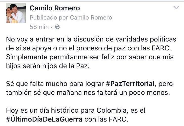 frgualdron2's tweet photo. "Sé que falta mucho para lograr @PazTerritorial pero también sé que mañana nos faltará un poco menos. @camiloromero https://t.co/lHkHJxU5Bb