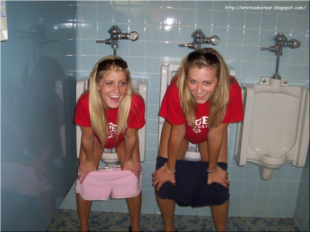Nude teen girls on urinals