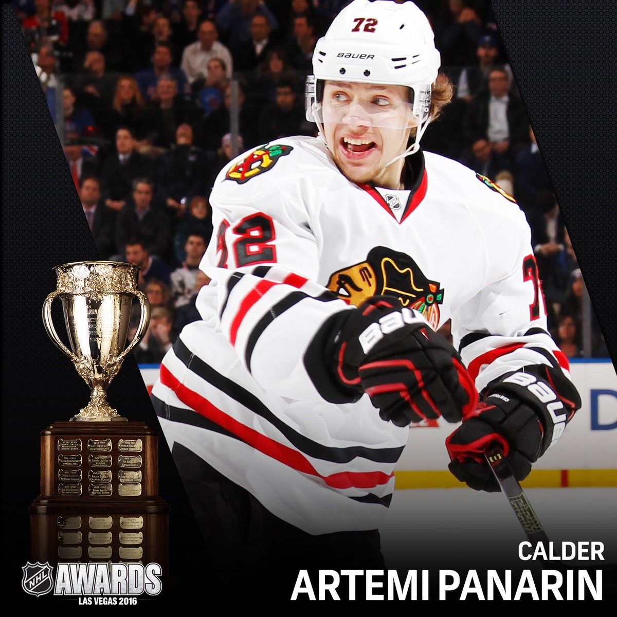 NHL's tweet image. The winner of the Calder Trophy as the League’s top rookie is Artemi Panarin. #NHLAwards