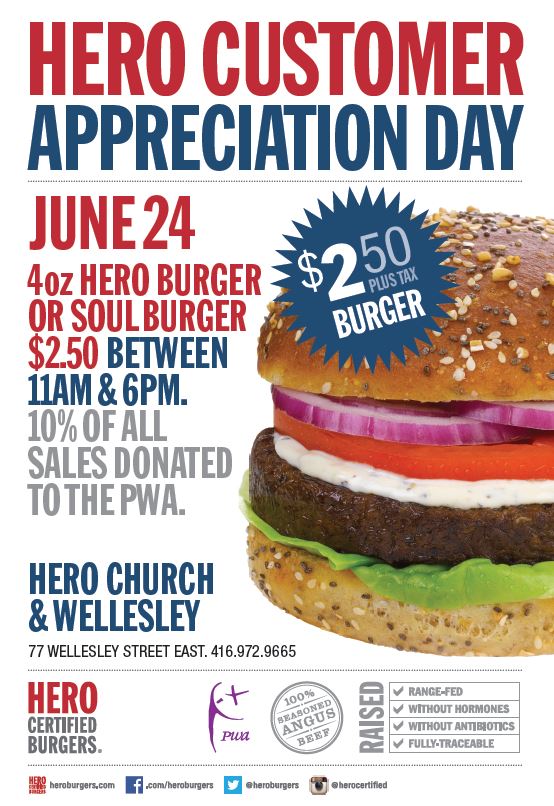 HeroBurgers's tweet photo. On June 24 & 26, 10% of all sales at our Church/Wellesley location will be donated to the @TPWA and #HighHeelStrut. https://t.co/BZtoZI7A7e