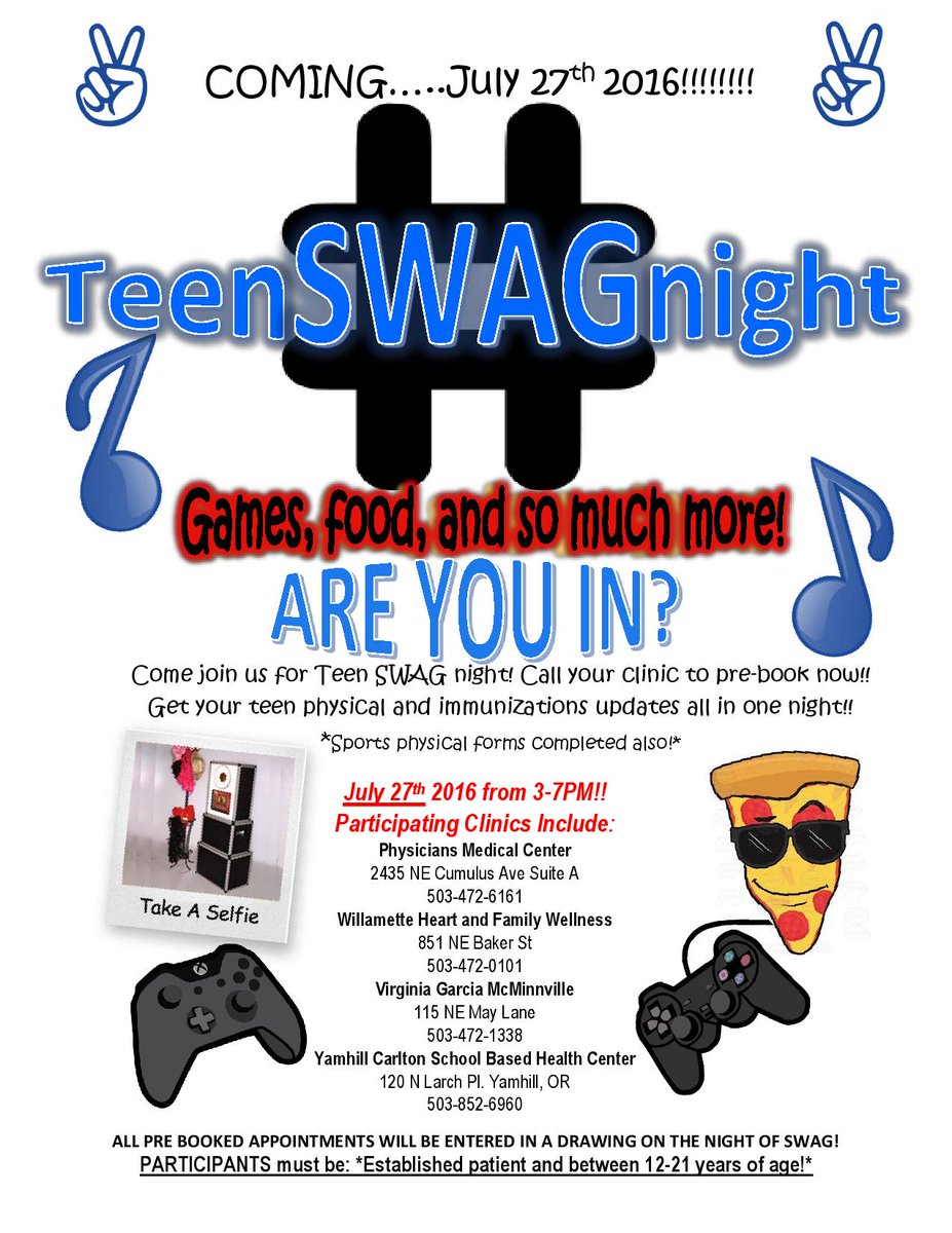 SNACKProgram's tweet image. #TeenSWAGNight is coming to Yamhill Carlton School Based Health Center on July 20th and July 27th! #yamco #health