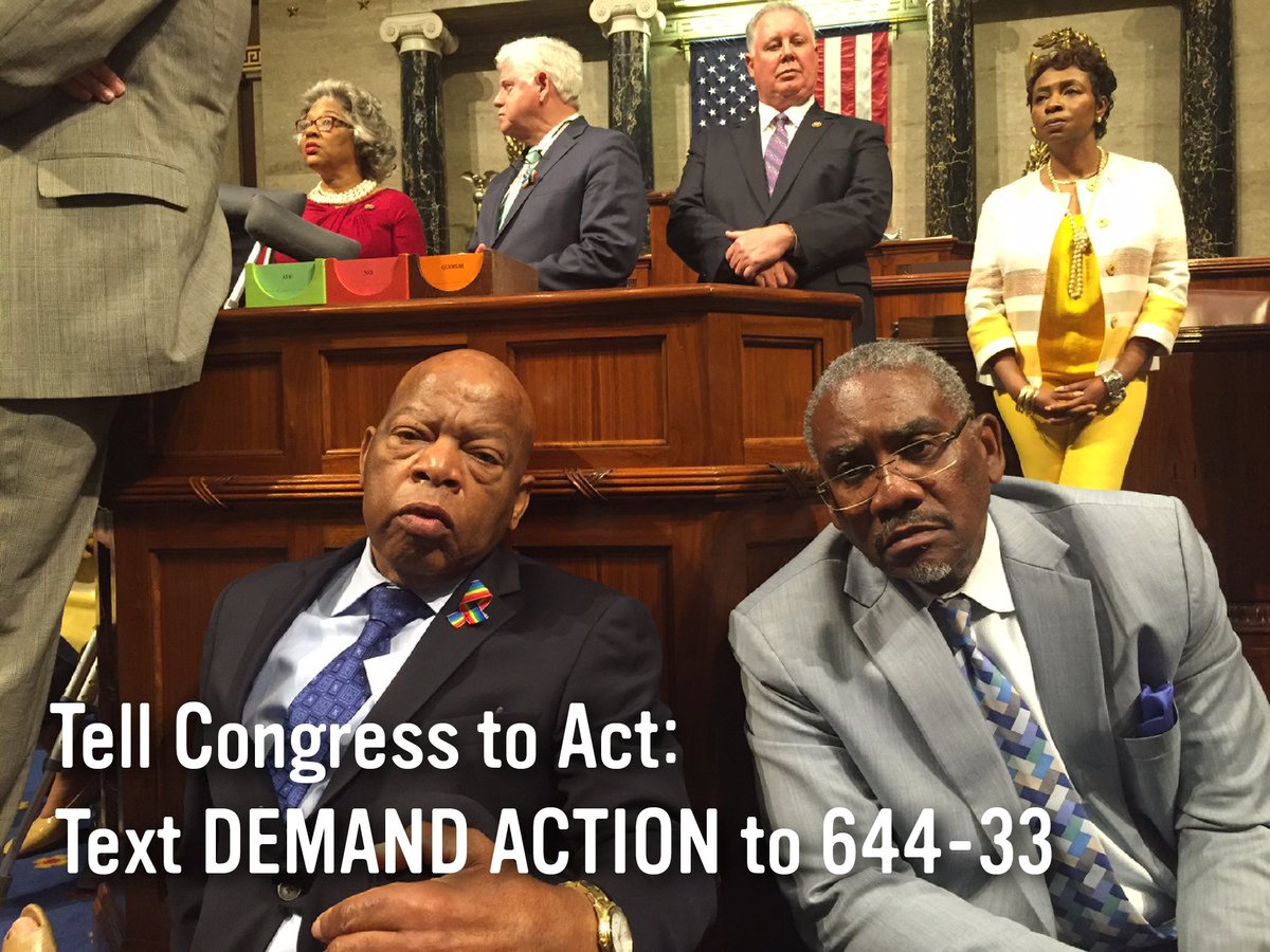 Everytown's tweet image. Show @RepJohnLewis and his colleagues your support by texting DEMAND ACTION to 644-33. #NoBillNoBreak