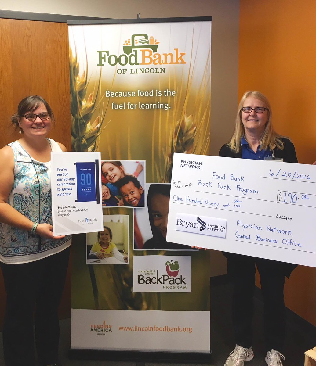 FoodBankLincoln's tweet photo. Thank you, @Bryan_Health /Bryan Physician Network, for your support of the #BackPack Program. #bryan90. https://t.co/wDyLugH2gc