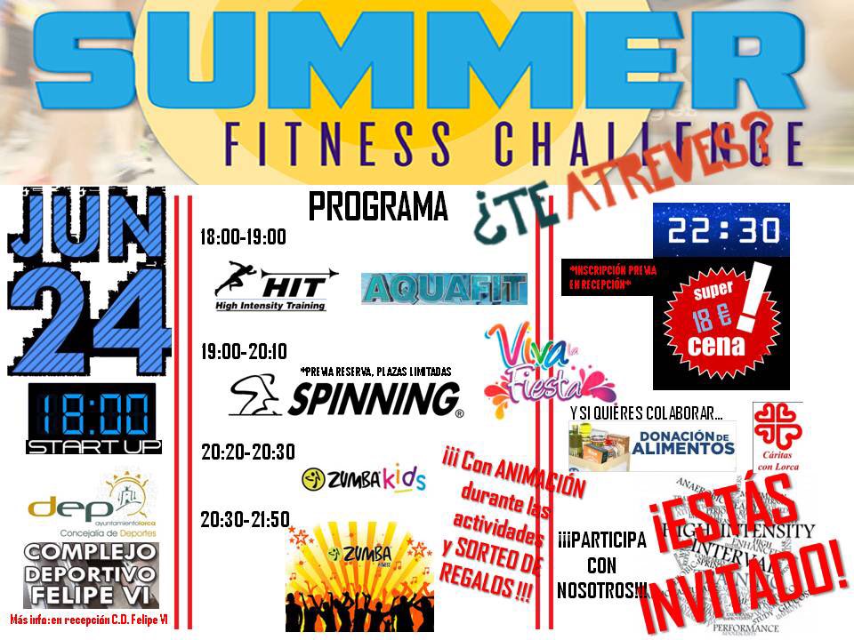 🎈SUMMER FITNESS CHALLENGE🎈
🗓Viernes ⏰Desde 18:00
📍Felipe VI 💸GRATIS
🚴🏼Spinning
💃🏻Zumba
💪🏋HIT
🏊Aquafit
Y mucho +...