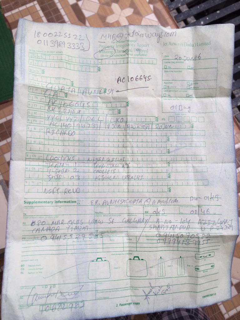 ThinkAvneesh's tweet photo. @AirCanada yes, I had filed below complaint with @jetairways at Delhi. Delivery promised in 48 hrs, still hv no clue https://t.co/rZJZJVdrvO