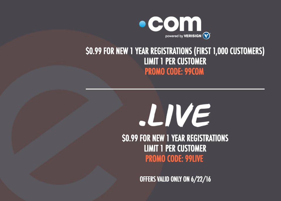 enom's tweet photo. Snatch up a $0.99 .LIVE or .COM #domain! Promo codes "99COM" and "99LIVE:" https://t.co/CxESb8blcN #EnomLive https://t.co/670u35TjI0