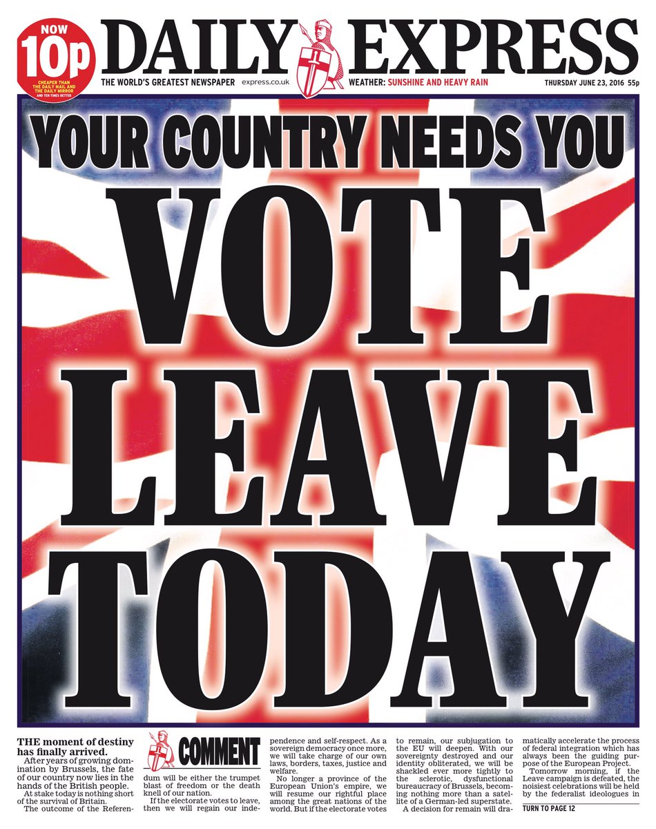 BBCNews's tweet photo. Thursday's Daily Express:
Your country needs you
Vote Leave today
#Tomorrowspaperstoday #bbcpapers #EUref https://t.co/EMRiouVzSs