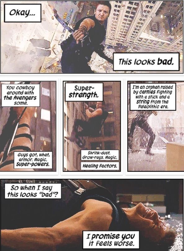 BornToDieASaint's tweet image. Who can't use a little Hawkeye to make your TL better? #OkayThisLooksBad