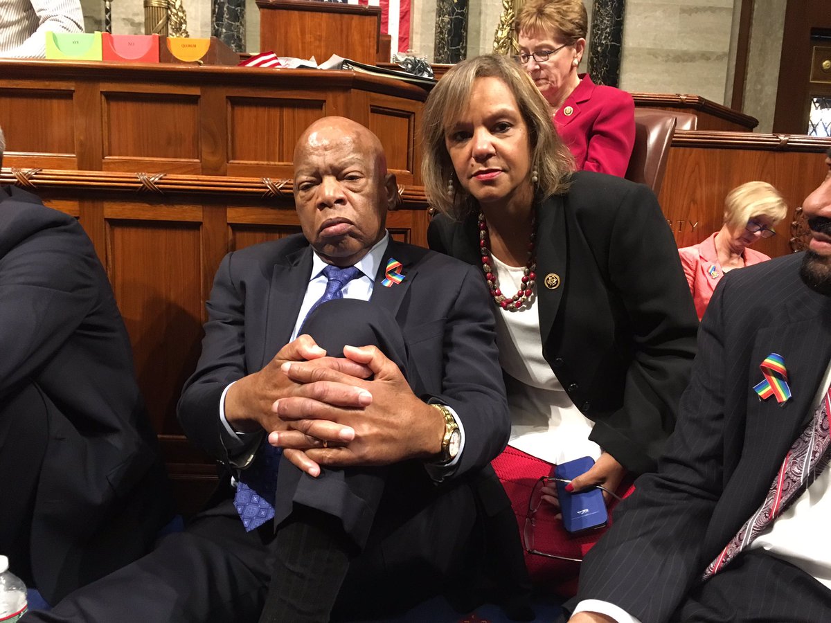 RepRobinKelly's tweet photo. 6 hours+ into the gun violence sit-in w/ @repjohnlewis. We will #holdthefloor until we get a vote #NoBillNoBreak https://t.co/96xWR5rvbX