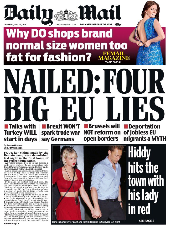 BBCNews's tweet photo. Thursday's Daily Mail front page
Nailed: four big EU lies
#Tomorrowspaperstoday #bbcpapers #euref https://t.co/rER3RZeK0O