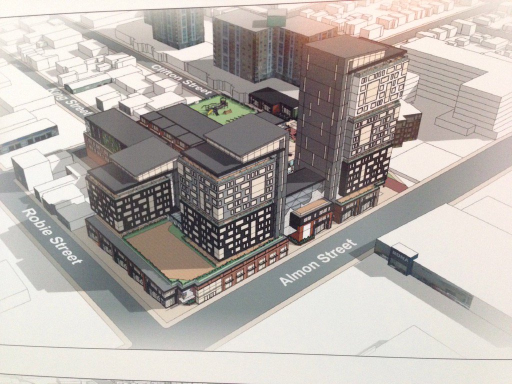 Concept plan for Almon&amp;Robie: mixed use, active transportation/connection, public space