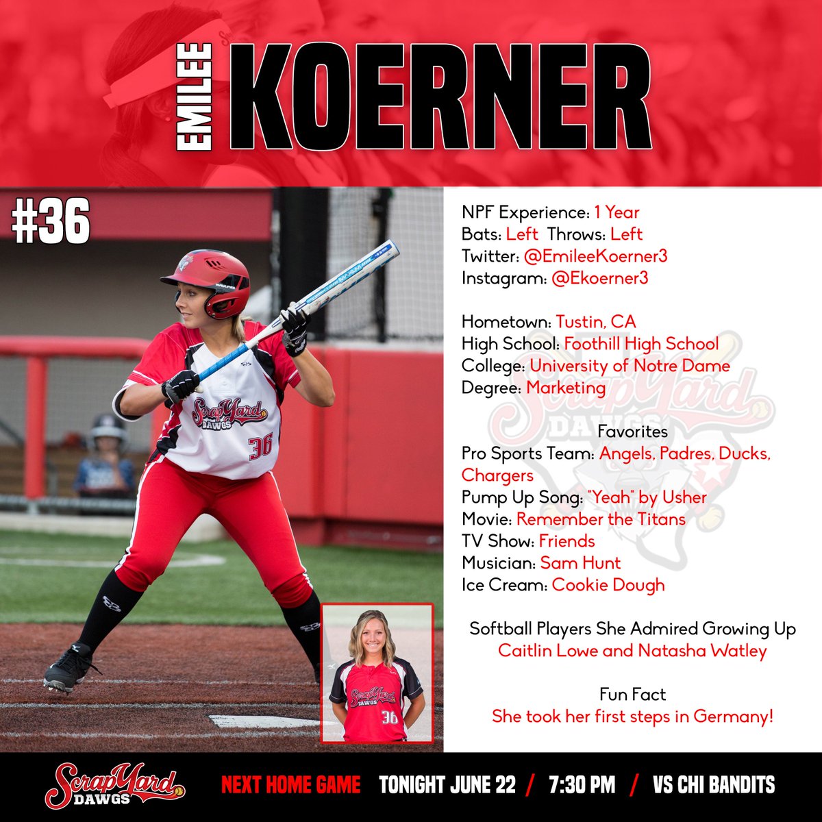ScrapYardSB's tweet photo. It’s time to introduce our 2016 Scrap Yard Dawgs roster. First up, NPF vet Emilee Koerner! #2016npf @EmileeKoerner3 https://t.co/oDcpgHR7Vo