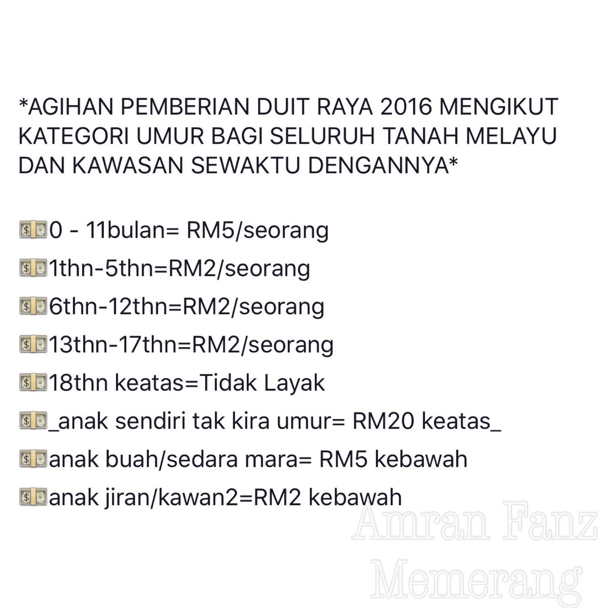 FXTVT's tweet photo. Kadar Duit Raya 2016 Bagi Seluruh Tanah Melayu dan Sabah Sarawak. Sebarkan. https://t.co/TAIwdSS5xN