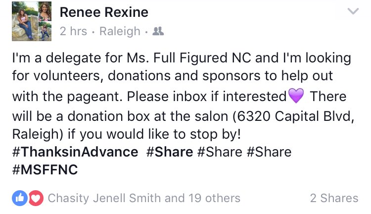 ReneeRexine's tweet photo. #ThanksinAdvance #Share #Share #Share #MSFFNC #sponsors #donate #help #pageant #nc #plusize https://t.co/mUrBtqRnmn