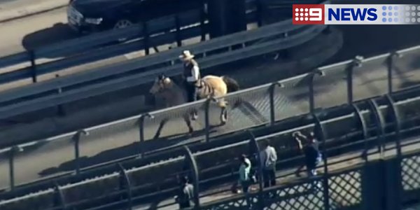 9NewsSyd's tweet photo. A beef farmer rides his horse over the Harbour Bridge to raise awareness about the future of farming. #9News https://t.co/RZPo9rcXzT