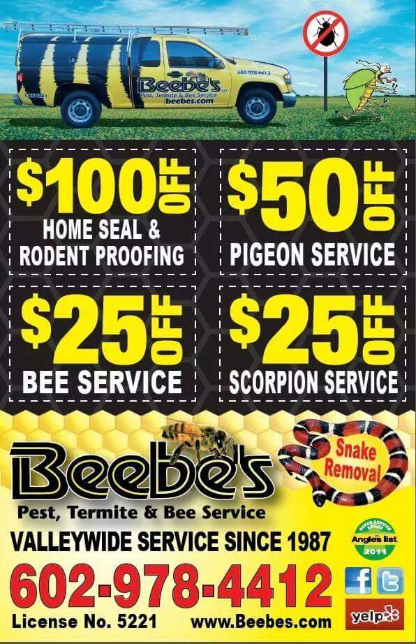 BeebeBees's tweet image. Here&apos;s a coupon on us! beebes.com 602-978-4412 valley-wide services since 1987 #pestcontrol #beeservice