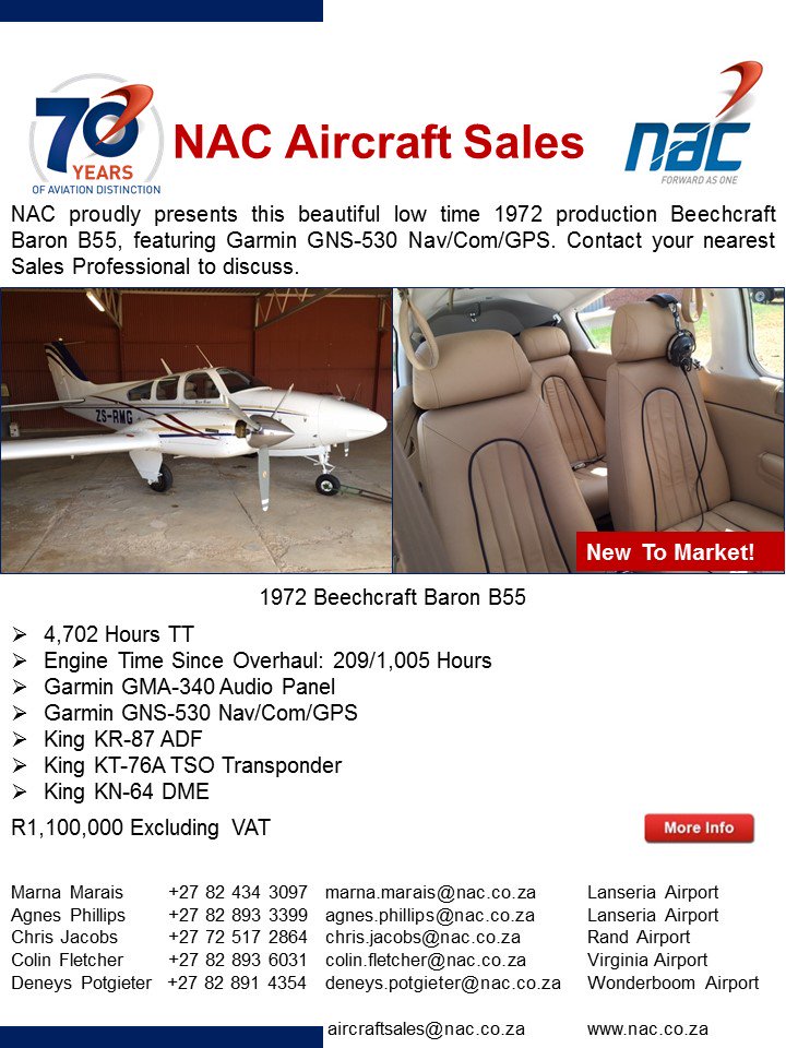 Beautiful low time 1972 Beechcraft Baron B55 available! Call us +27 11 267 5000 or visit nac.co.za