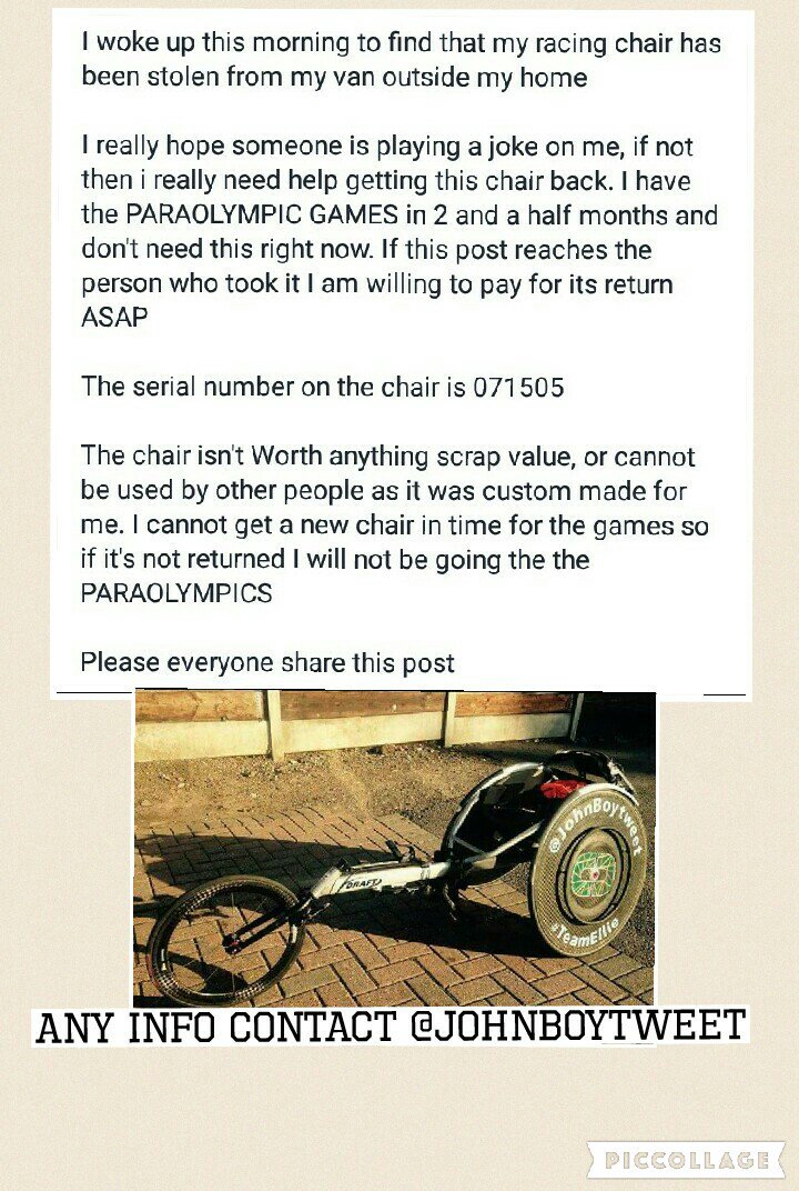 Katonym's tweet image. PLS RT
racing chair stolen in Kent just weeks before #Rio2016 
@clarebalding @AdeAdepitan @Channel4News