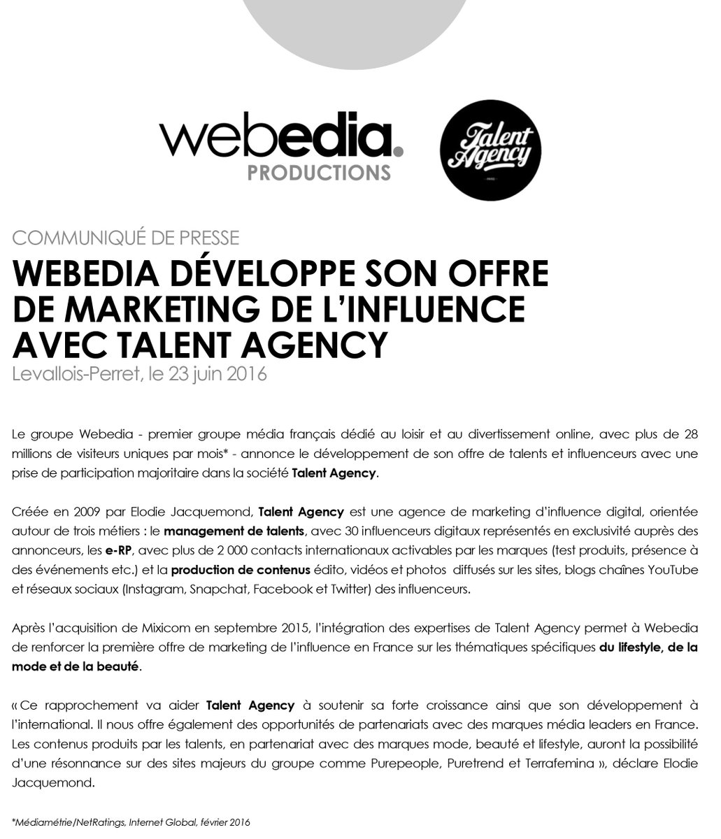 #Webedia développe son offre
de marketing de l’influence
avec <a href="/TalentAgency_/">TalentAgency</a> talentagency.fr