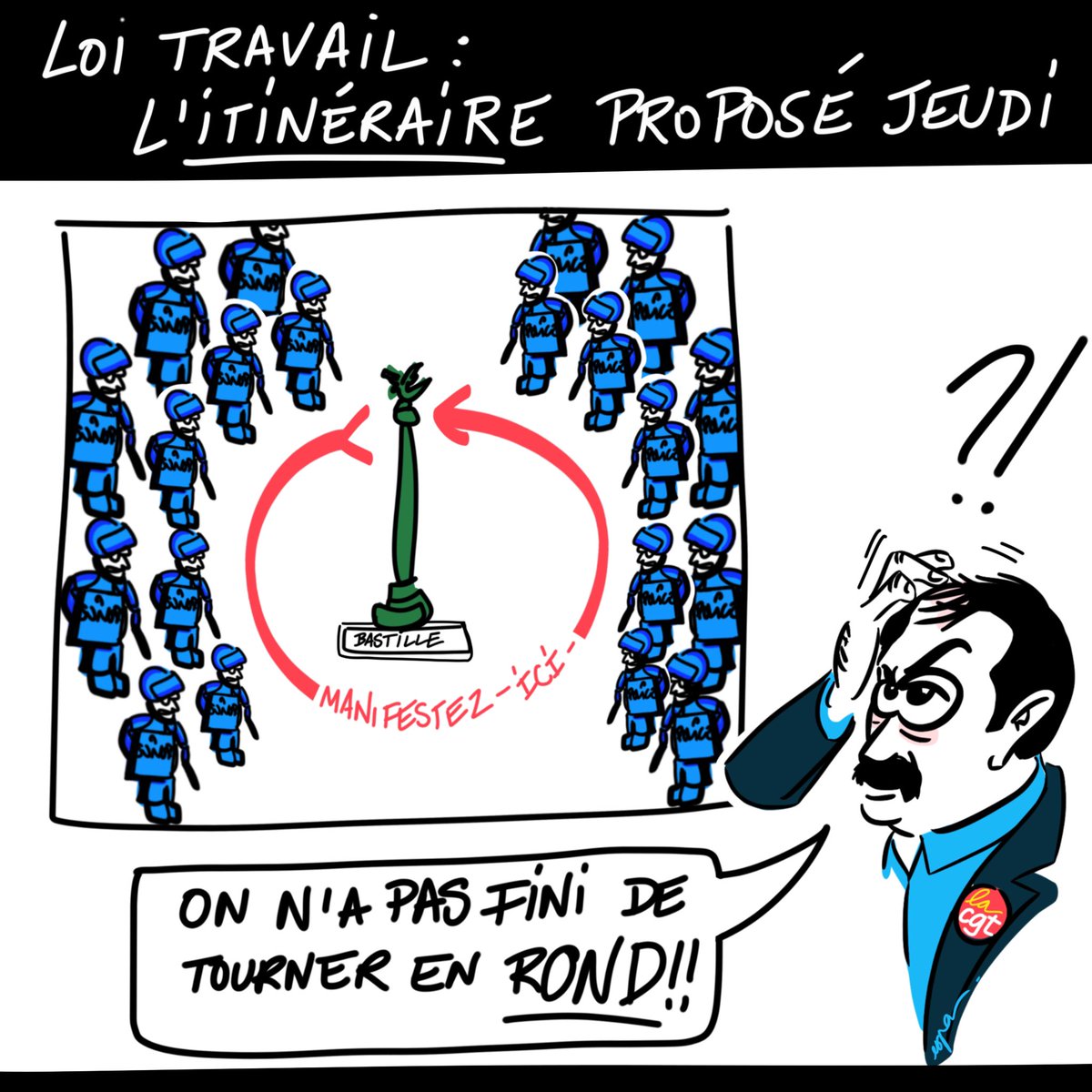 espa974's tweet photo. @Dessins2Presse #LoiTravail #manif23juin #bastille #cgt on tourne en rond ! Dessin @espa974 @ornikkar @OlivierPerou https://t.co/LqJw9hLo1y