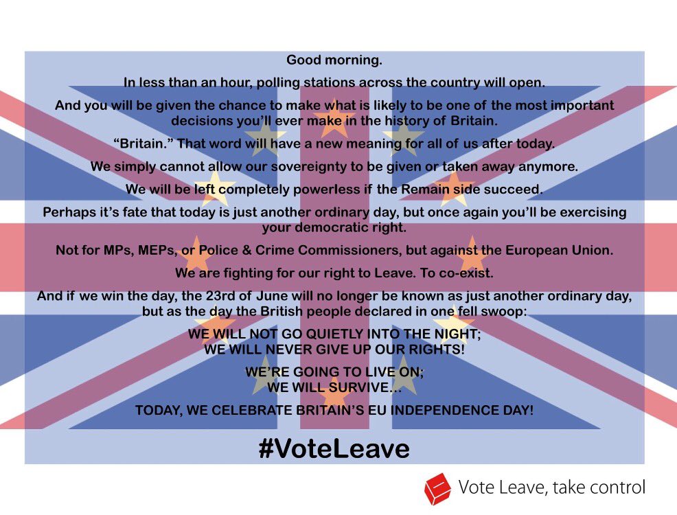 Spread the word, get out there and #VoteLeave...let's celebrate our #EUIndependenceDay! <a href="/vote_leave/">Vote Leave</a>