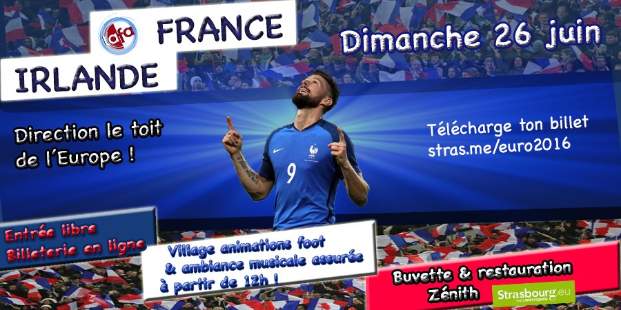 RDV au <a href="/Zenith_Europe/">Zénith Strasbourg</a> pour affronter l'Irlande dans une ambiance exceptionnelle ! stras.me/euro2016
