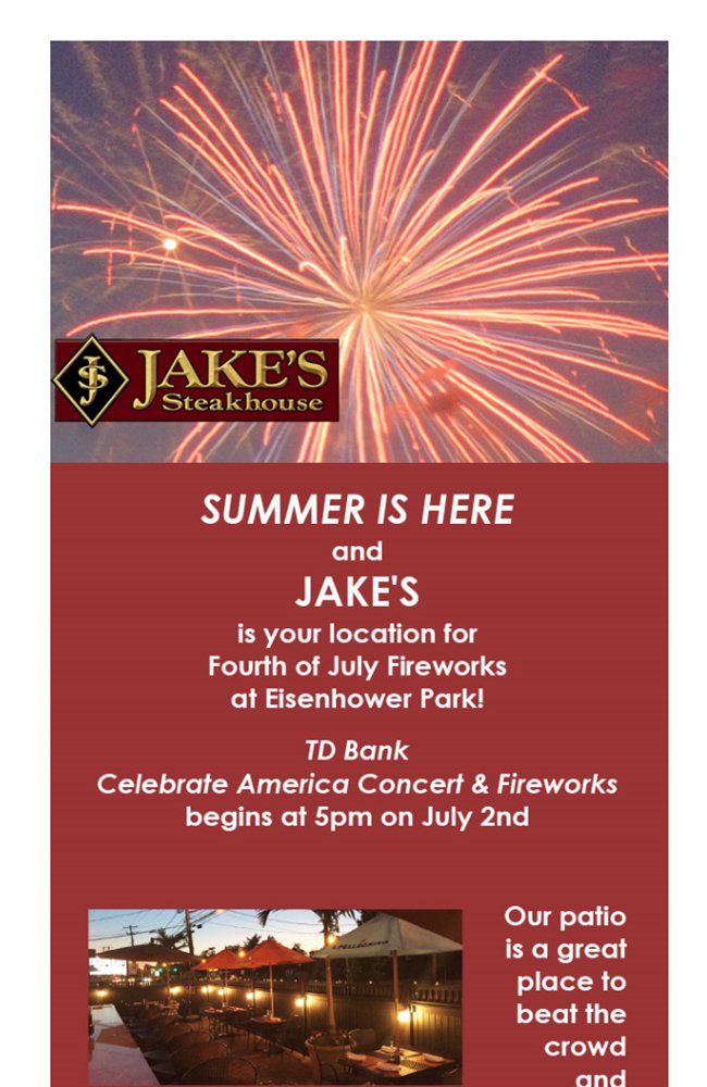 JakesSteakhouse's tweet photo. Jake's for the Summer and Fourth of July: Our patio is the place for a summer day &amp; firewo https://t.co/G12NbtYvU9 https://t.co/clf3IjGlgD