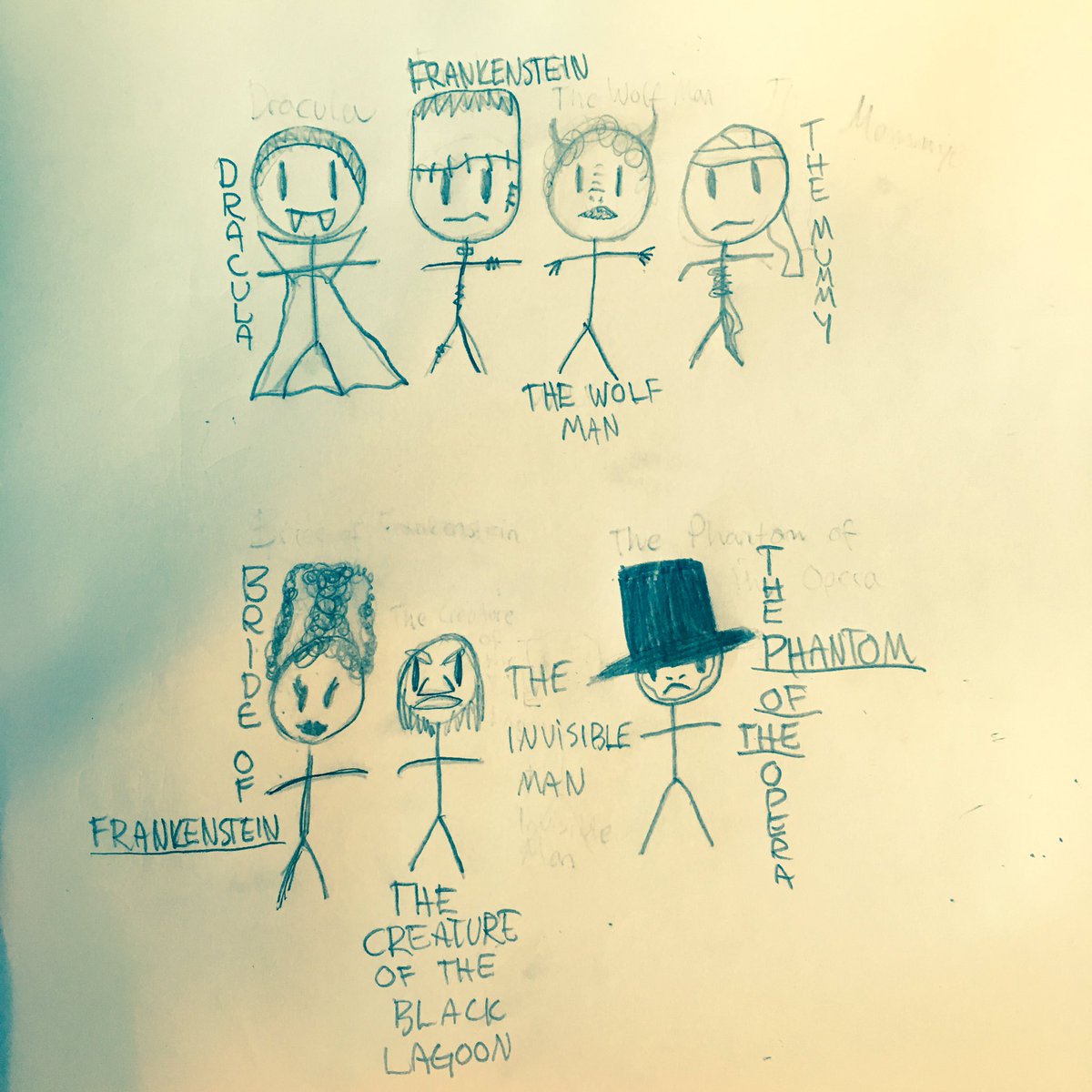 Leatherfacesays's tweet photo. When daughter draws #stickfigures it's for real! :) #universal #monsters https://t.co/kerONZBboH